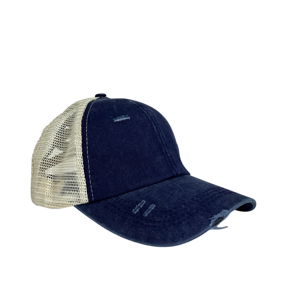 Women's PonyTail Hat Blue Washed Denim Criss Cross Mesh Baseball Cap